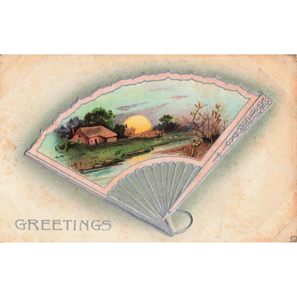 Vintage Embossed Postcard Greetings Fan Shaped Landscape Cottage Sunset VG - Picture 1 of 2